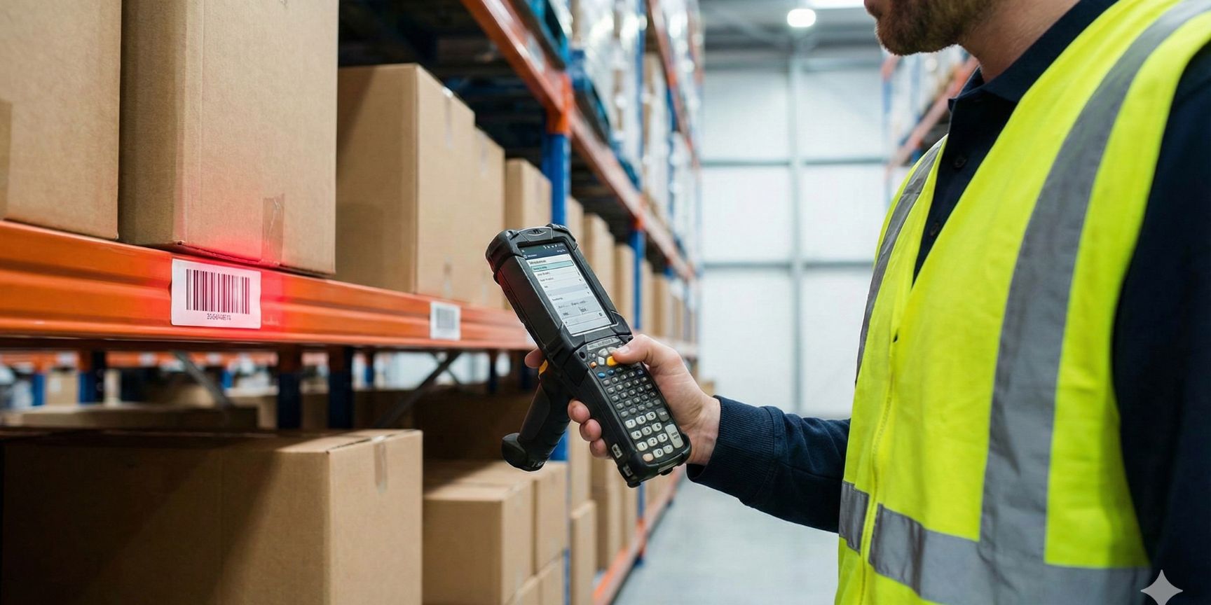 Ein Lagermitarbeiter in Warnweste scannt mit einem robusten mobilen Datenerfassungsgerät (MDE) einen Barcode an einem Hochregalplatz in einem modernen Logistikzentrum